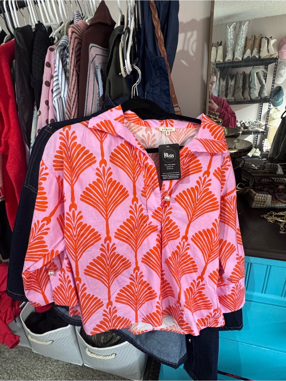 JODIFL Pink Button-Down Blouse with Orange Leaf Print